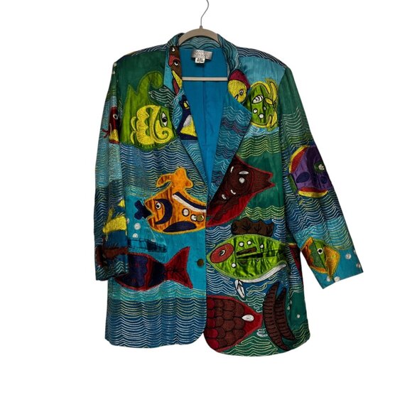 Sandy Starkman Blazer Women's Medium Button Up Long Sleeve Embroidered Fish Blue - Picture 1 of 8